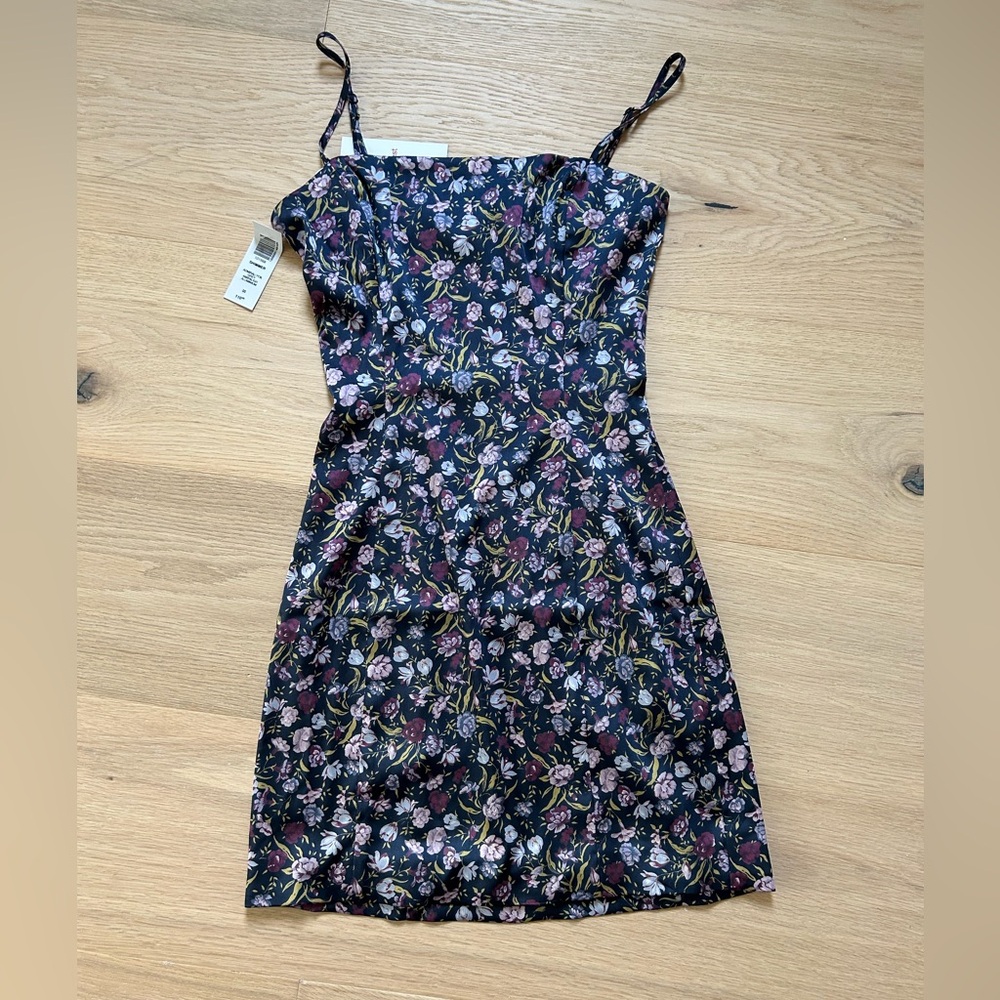 Aritzia Black Floral Slip Dress with Pink & Green Accents